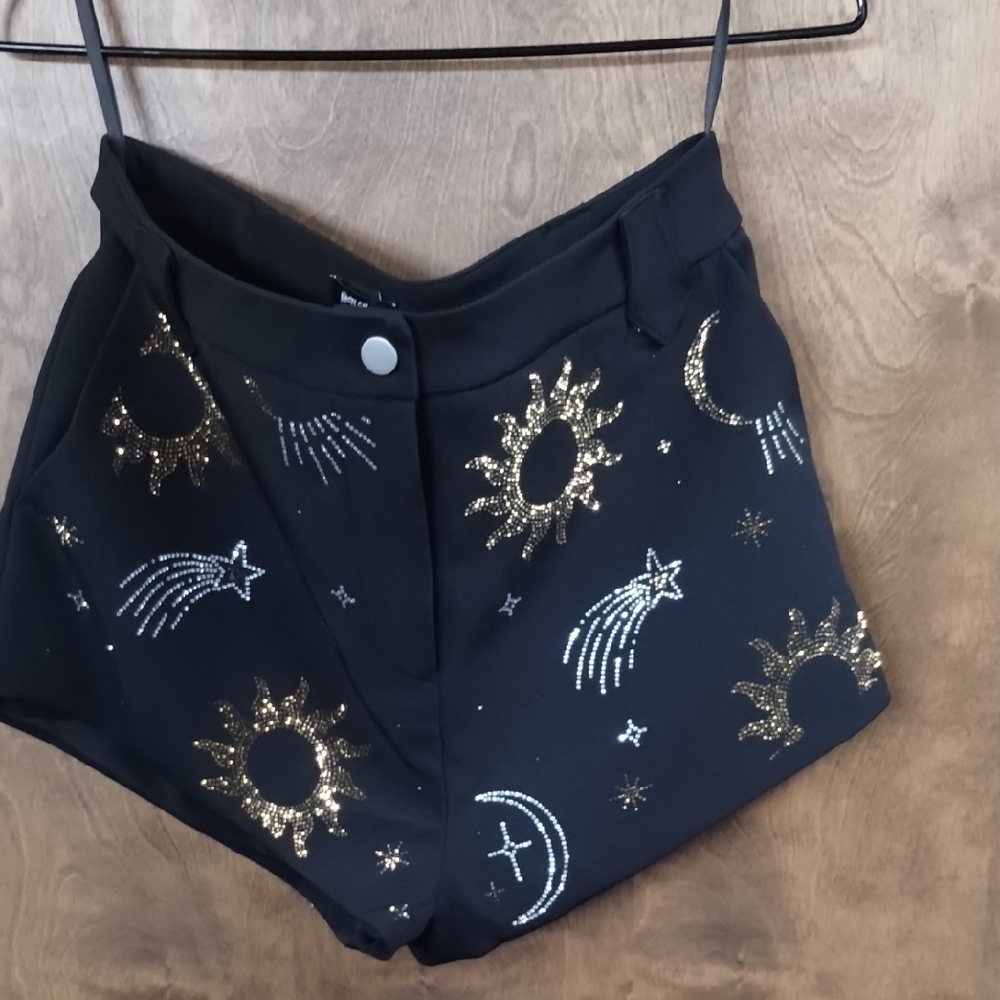 Nasty Gal Black Shorts with Gold Celestial Design